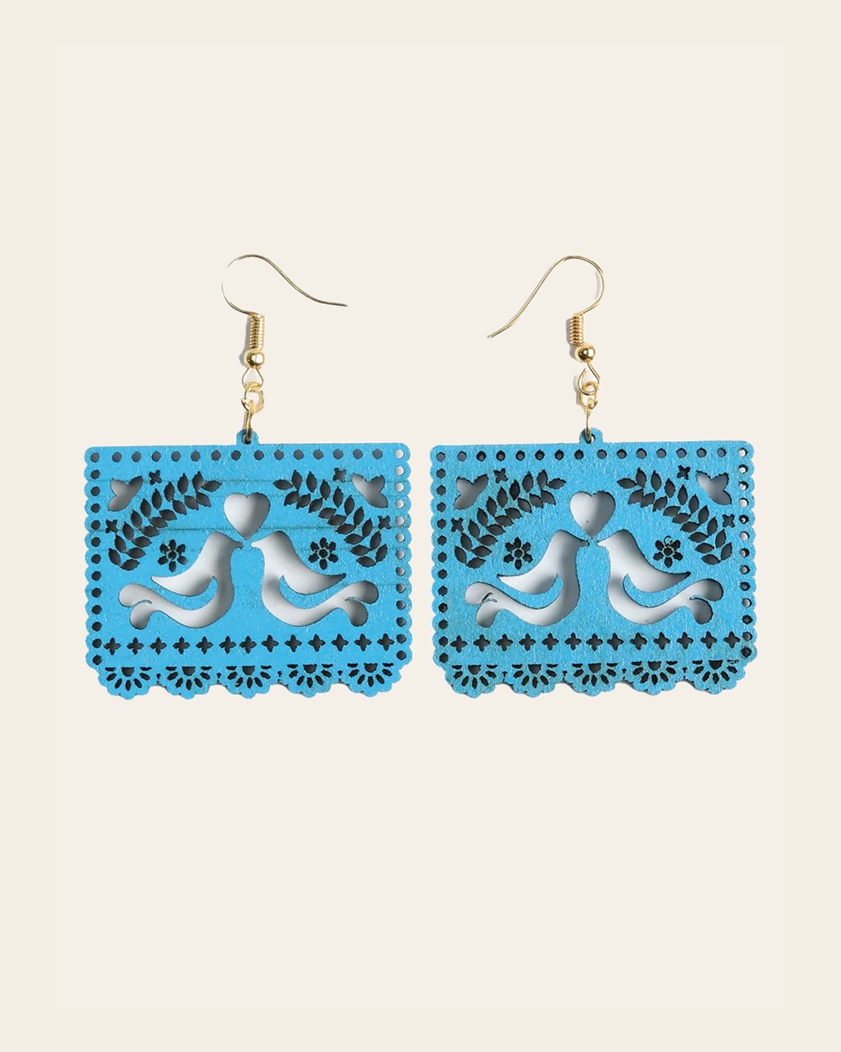 Artisanal Handmade Earrings Wood Blue 603951 on a warm cream background