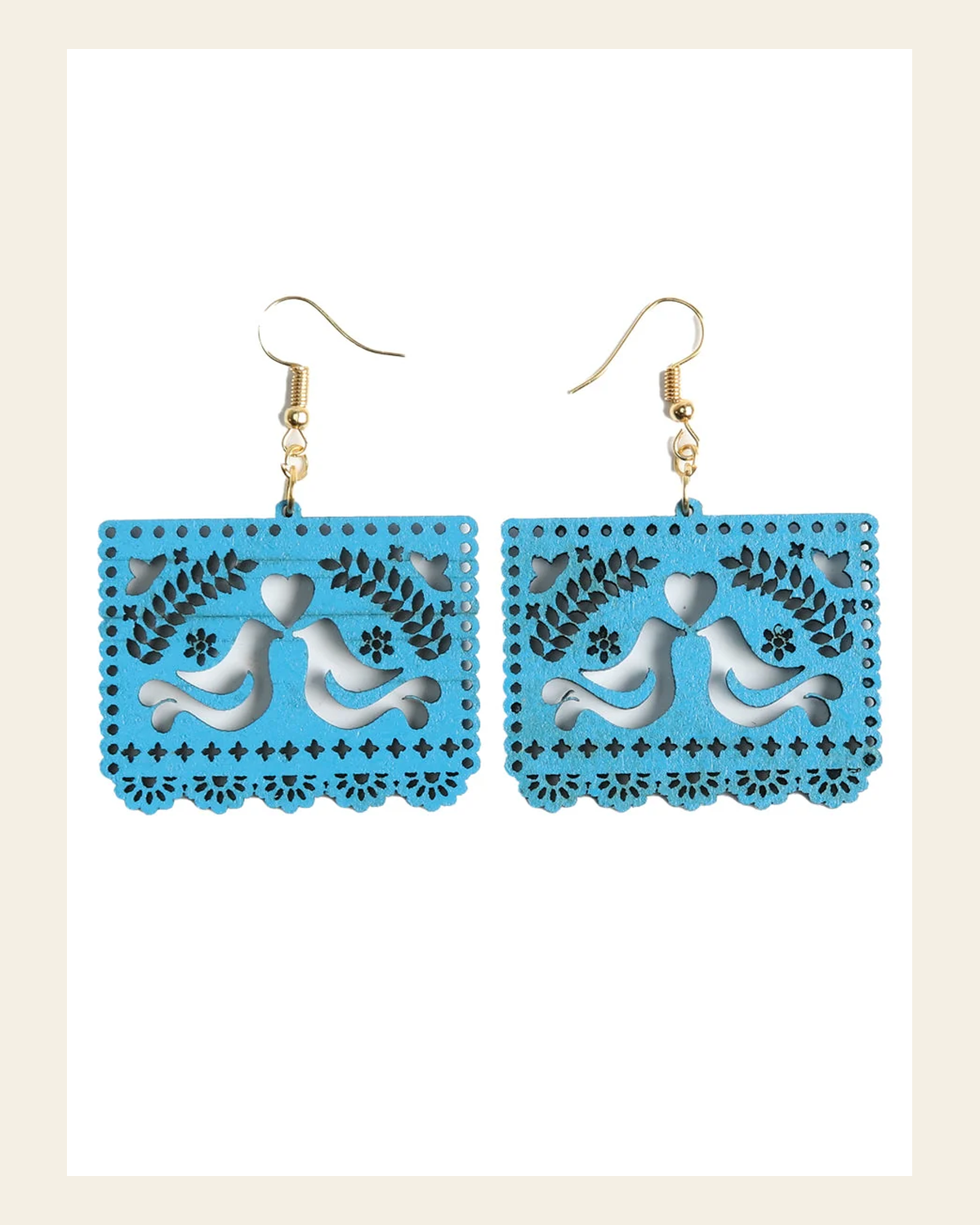 Artisanal Handmade Earrings Wood Blue 603951 on a warm cream background