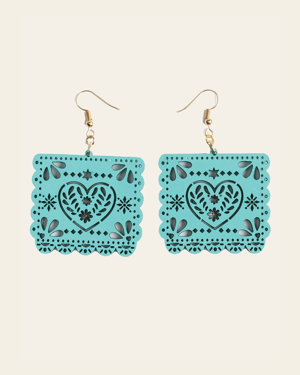 Artisanal Handmade Earrings Wood Emerald 603948 on a warm cream background