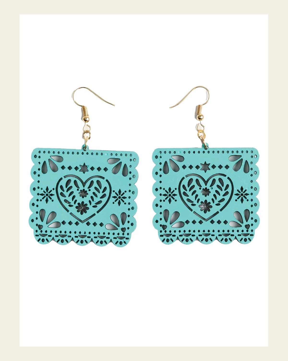 Artisanal Handmade Earrings Wood Emerald 603948 on a warm cream background