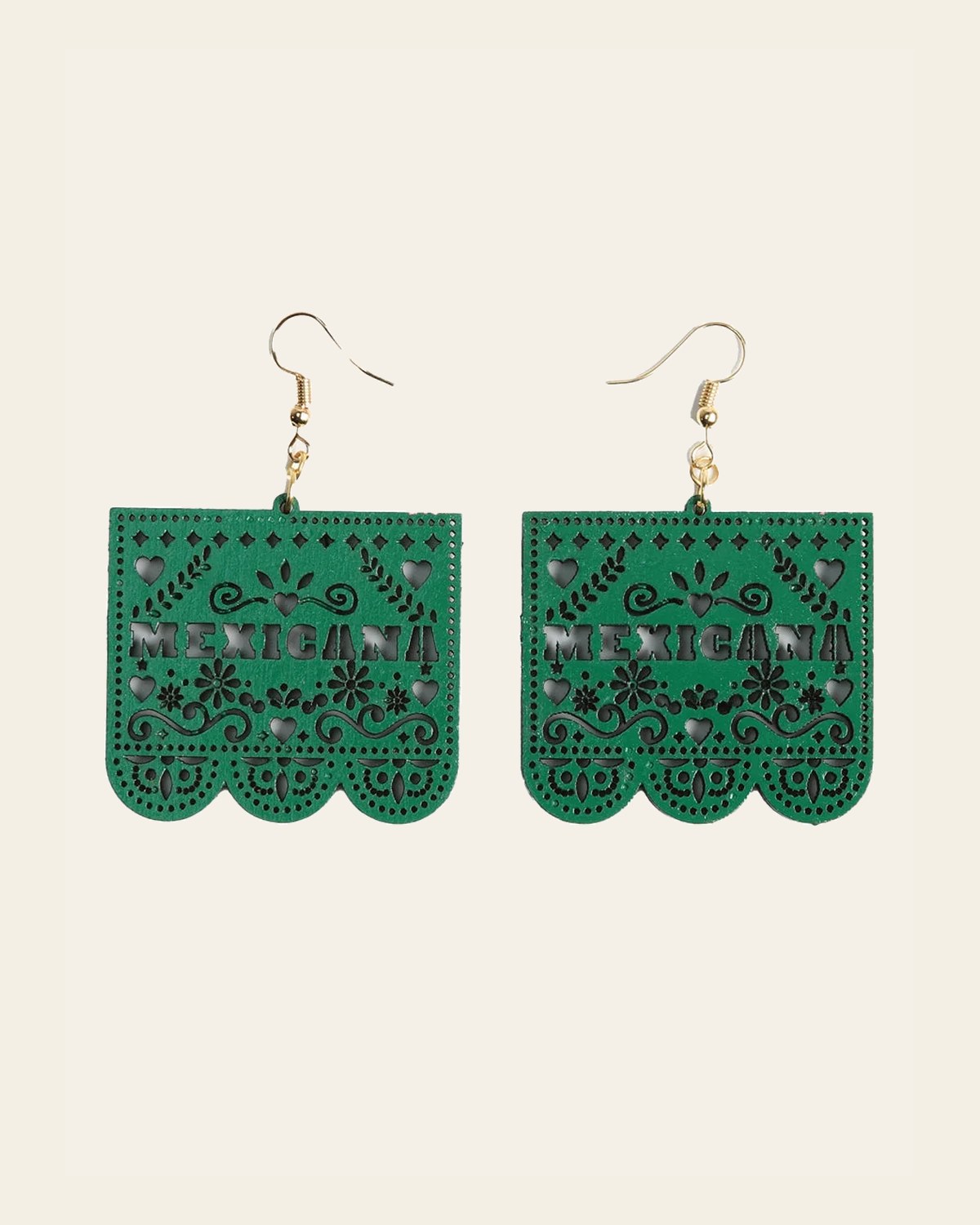 Artisanal Handmade Earrings Wood Green 603947 on a warm cream background