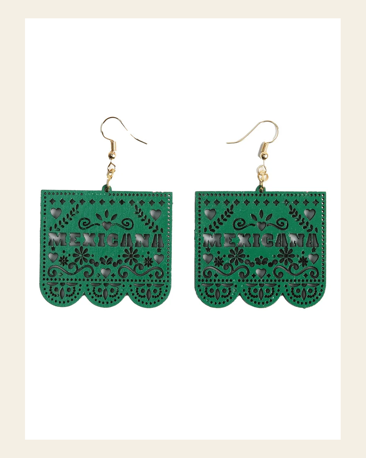 Artisanal Handmade Earrings Wood Green 603947 on a warm cream background