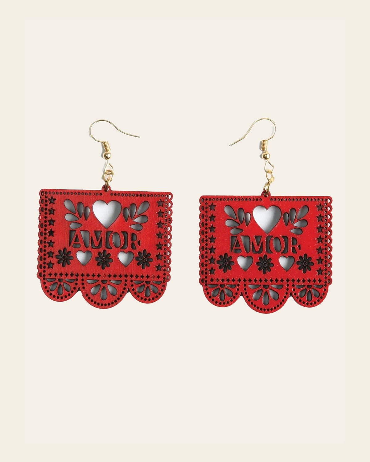 Artisanal Handmade Earrings Wood Red 603949 on a warm cream background