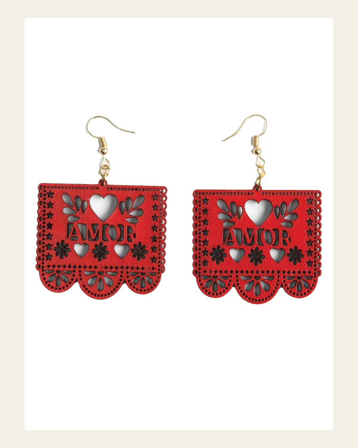Artisanal Handmade Earrings Wood Red 603949 on a warm cream background