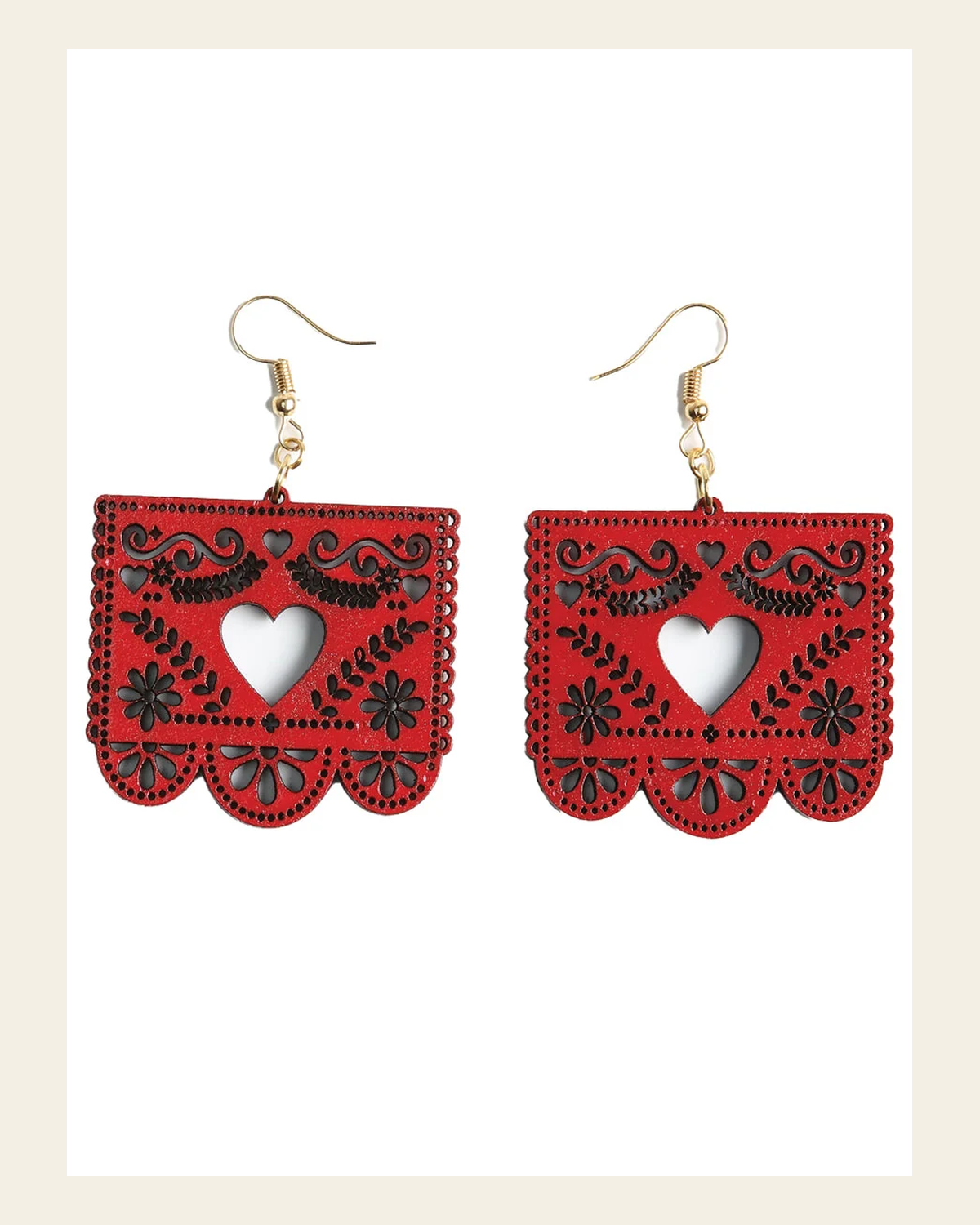 Artisanal Handmade Earrings Wood Red 603950 on a warm cream background