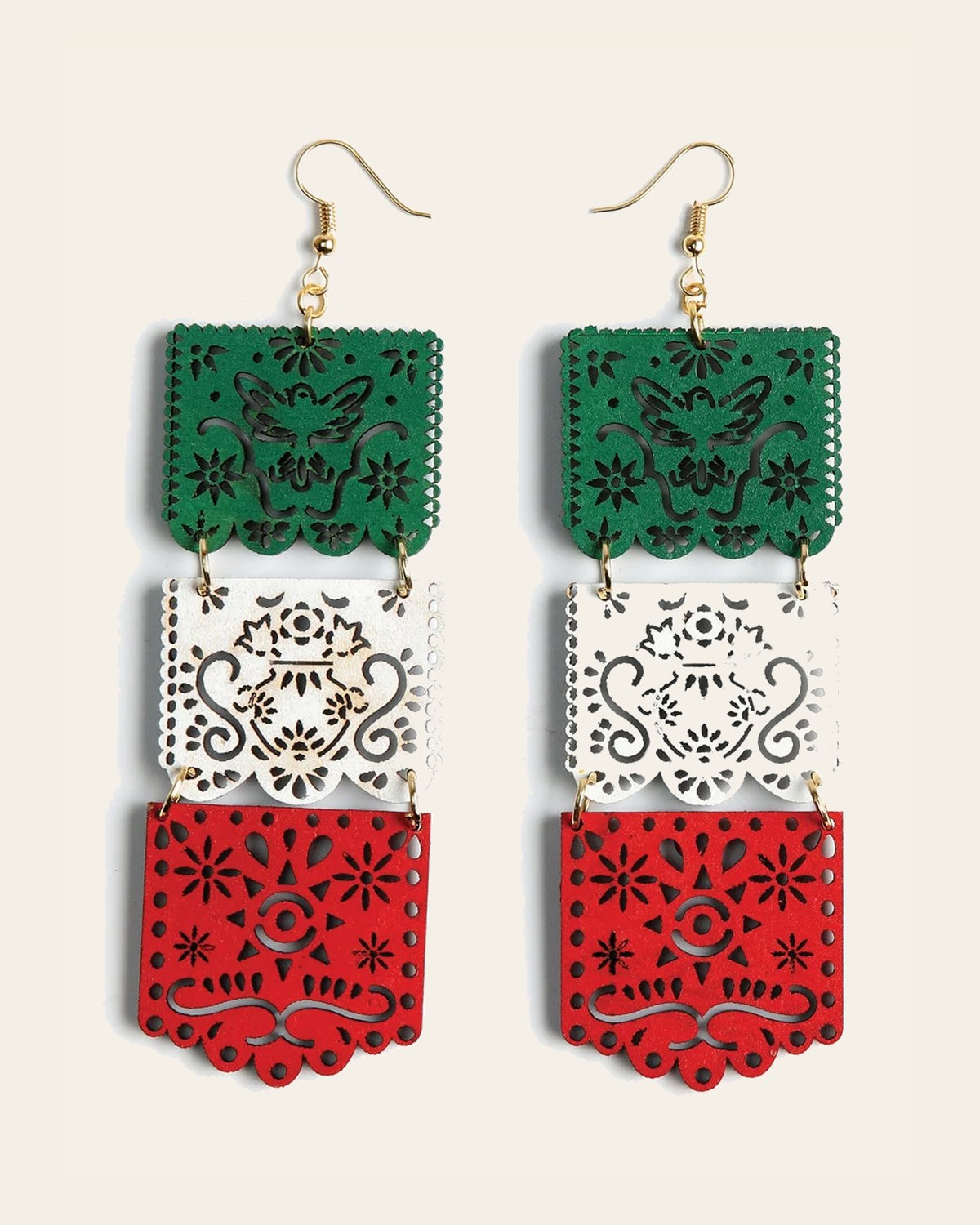 Artisanal Handmade Earrings Wood Tricolor 603945 on a warm cream background