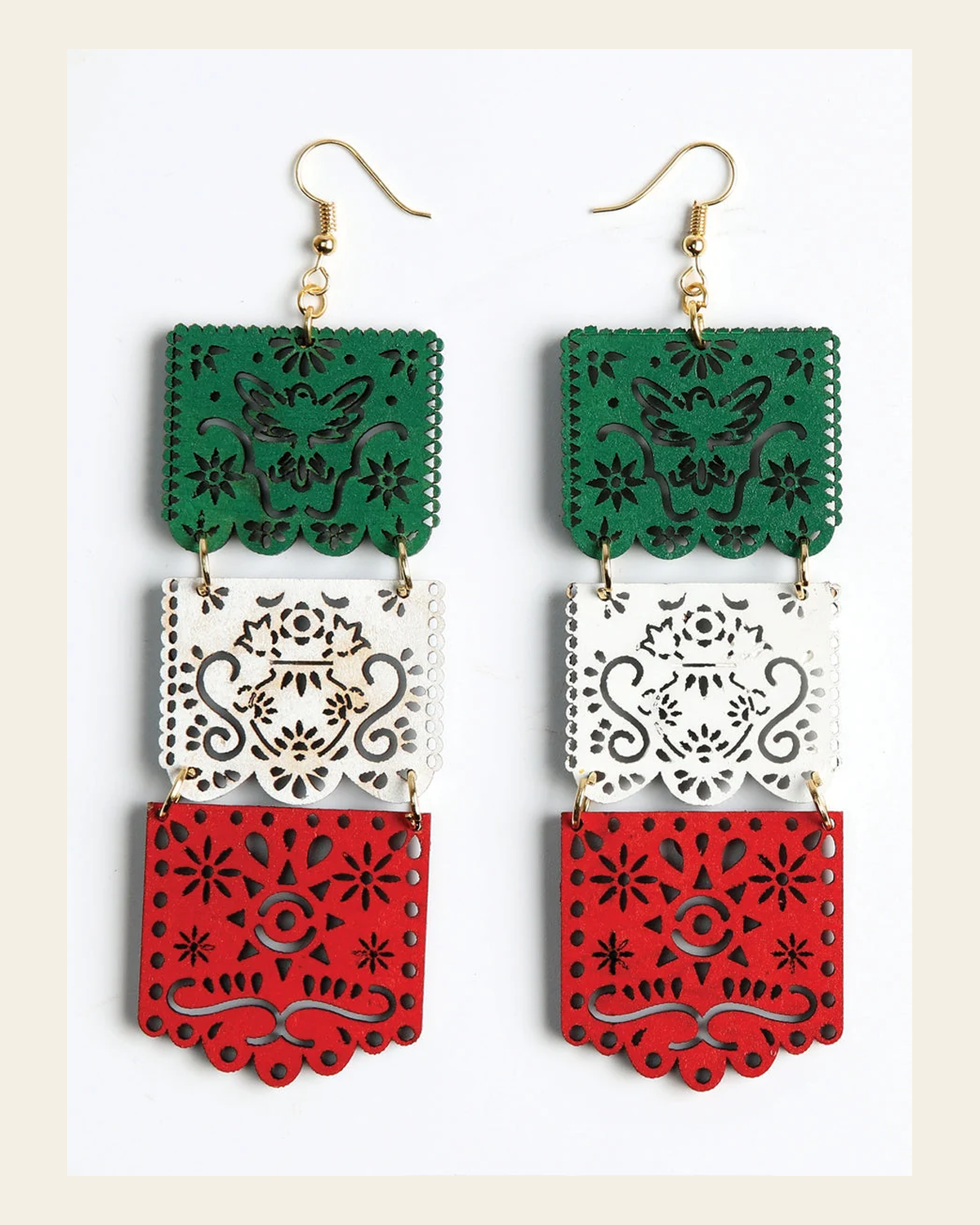 Artisanal Handmade Earrings Wood Tricolor 603945 on a warm cream background