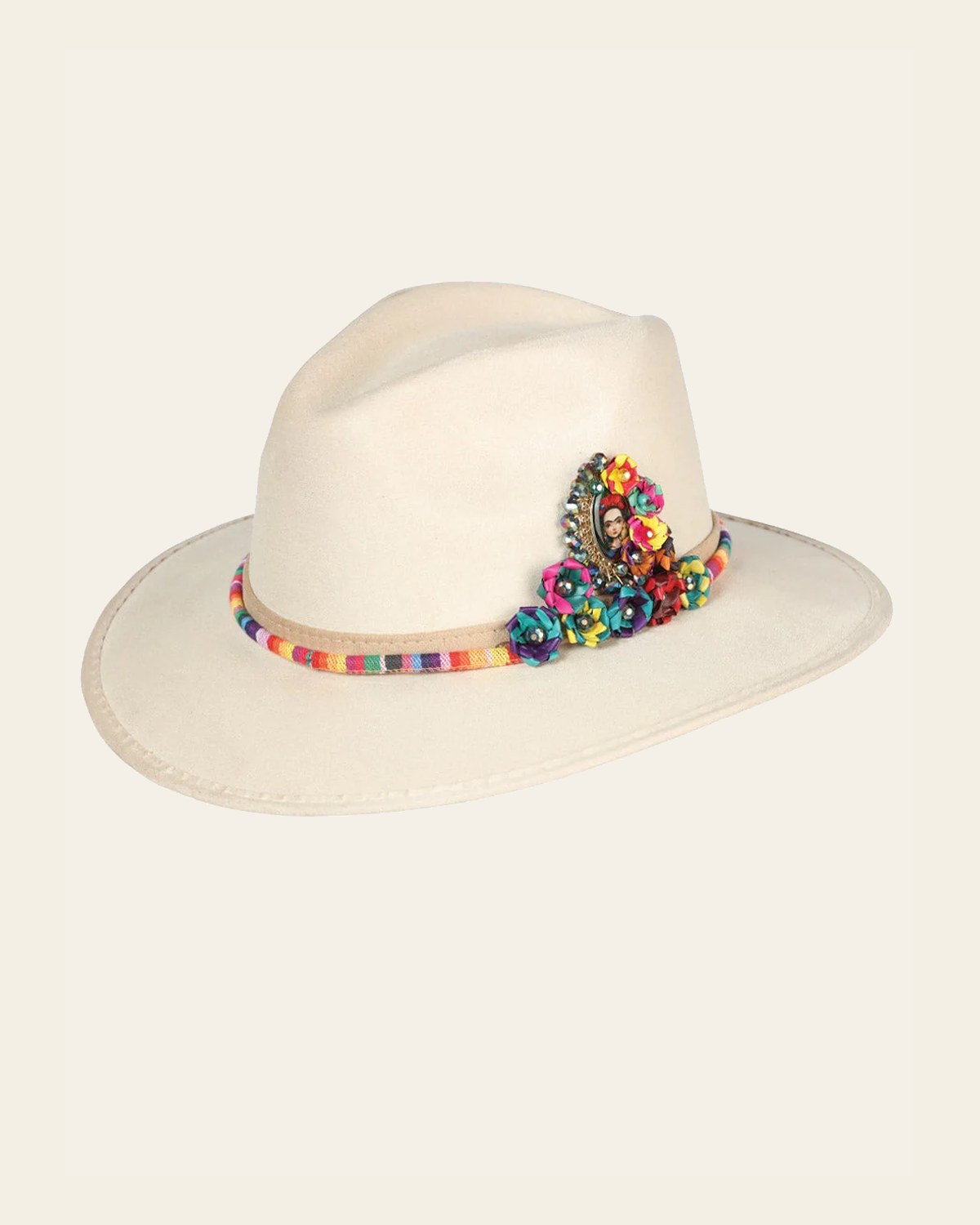 Artisanal Hat Frida Medallion Suede Beige 603664 on a warm cream background