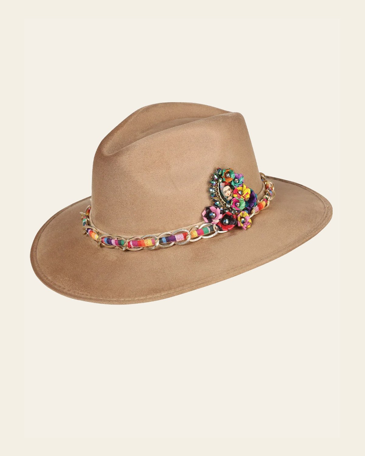 Artisanal Hat Frida Medallion Suede Mocha 603667 on a warm cream background