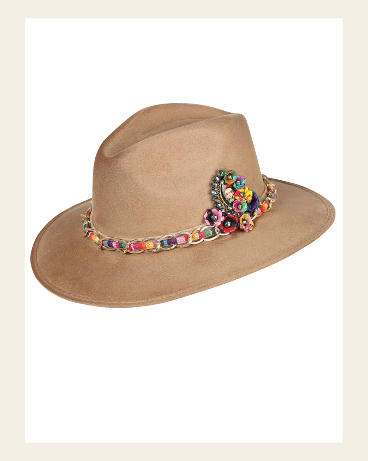 Artisanal Hat Frida Medallion Suede Mocha 603667 on a warm cream background