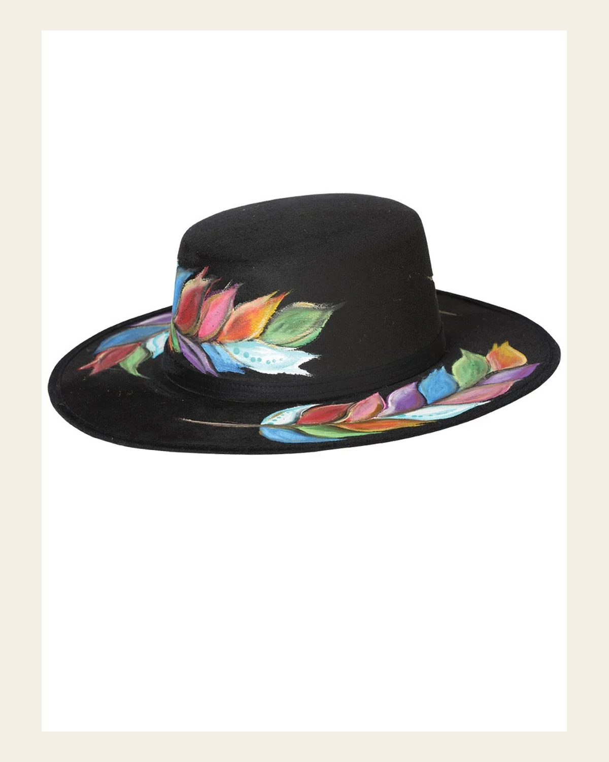 Artisanal Mexican Hand-Painted Hat Suede Black 603729 on a warm cream background