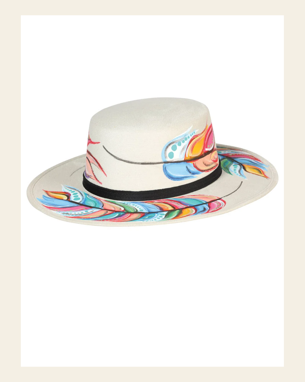 Artisanal Mexican Hand-Painted Hat Suede Black 603728 on a warm cream background