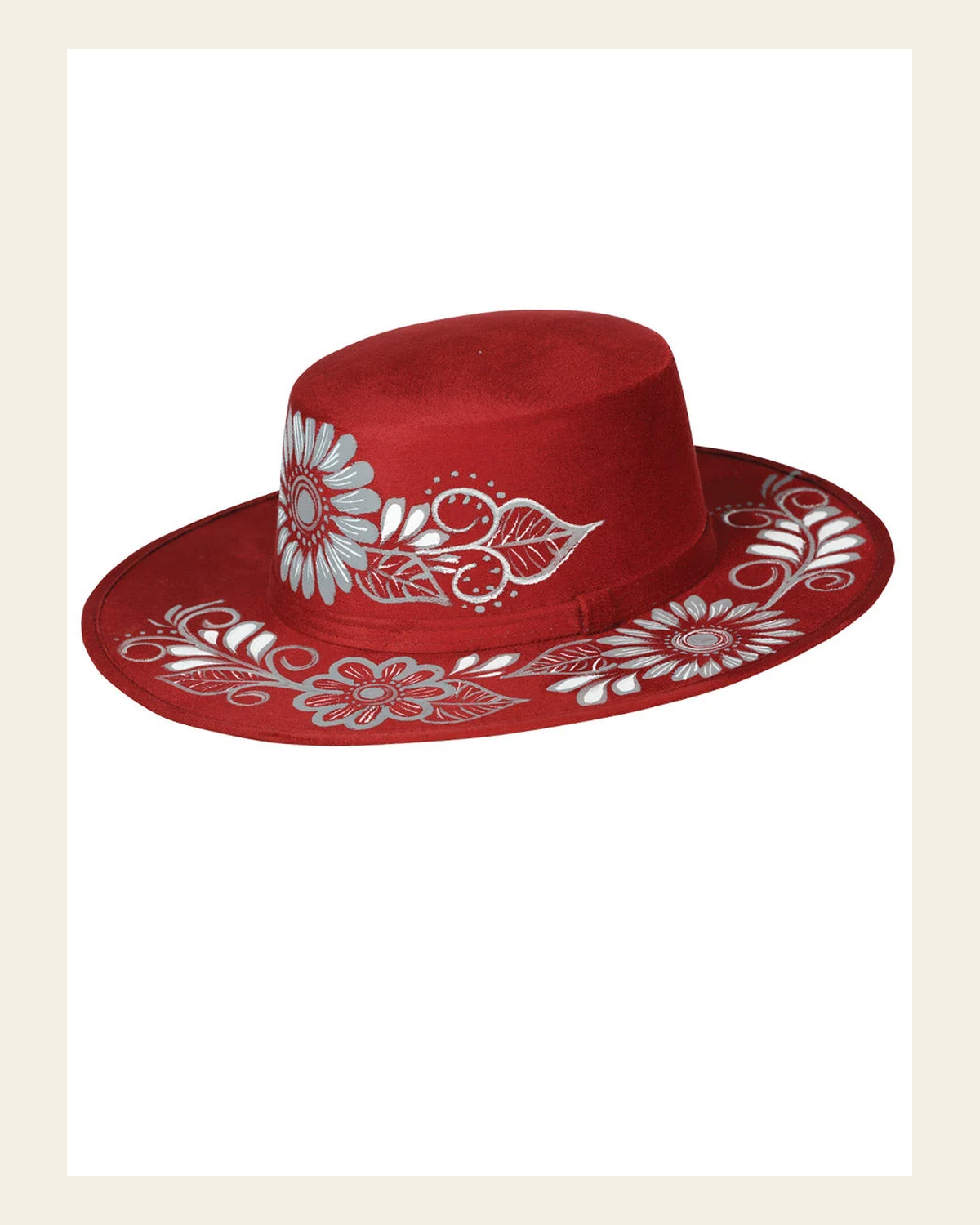 Artisanal Mexican Hand-Painted Hat Suede Black 603727 on a warm cream background