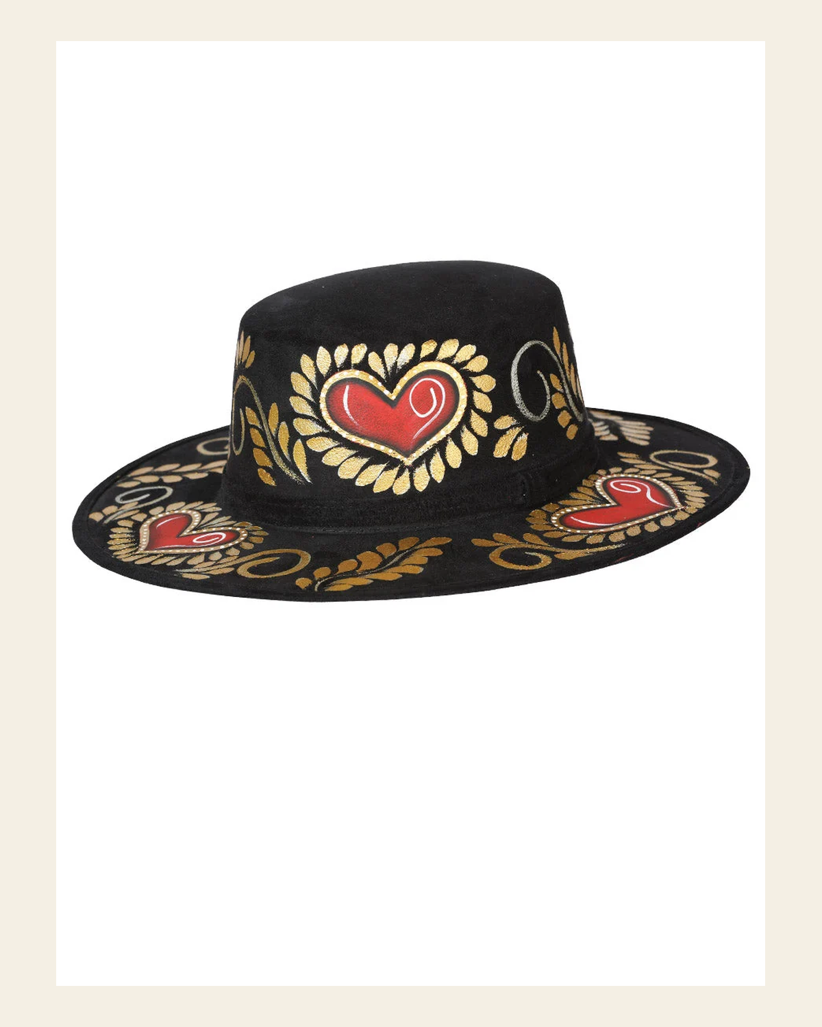 Artisanal Mexican Hand-Painted Hat Suede Black 603722 on a warm cream background
