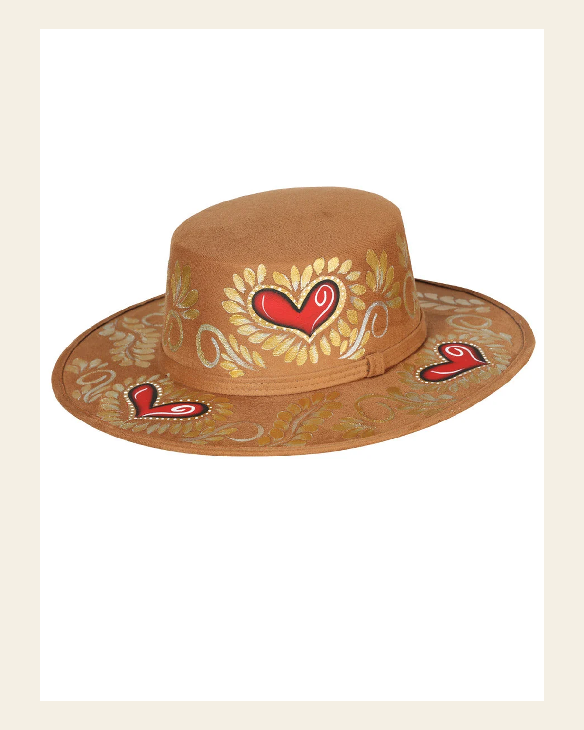 Artisanal Mexican Hand-Painted Hat Suede Black 603723 on a warm cream background