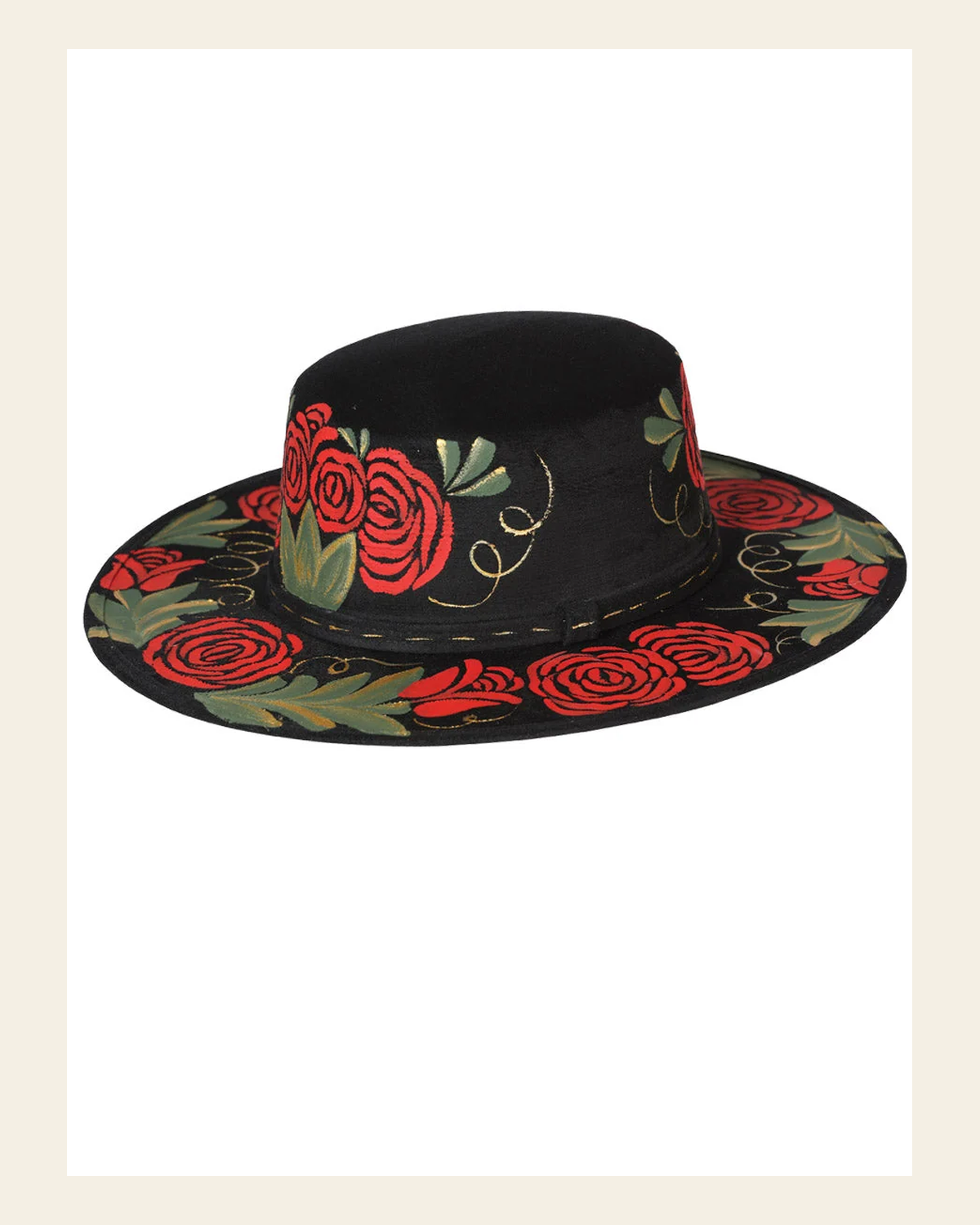 Artisanal Mexican Hand-Painted Hat Suede Black 603719 on a warm cream background