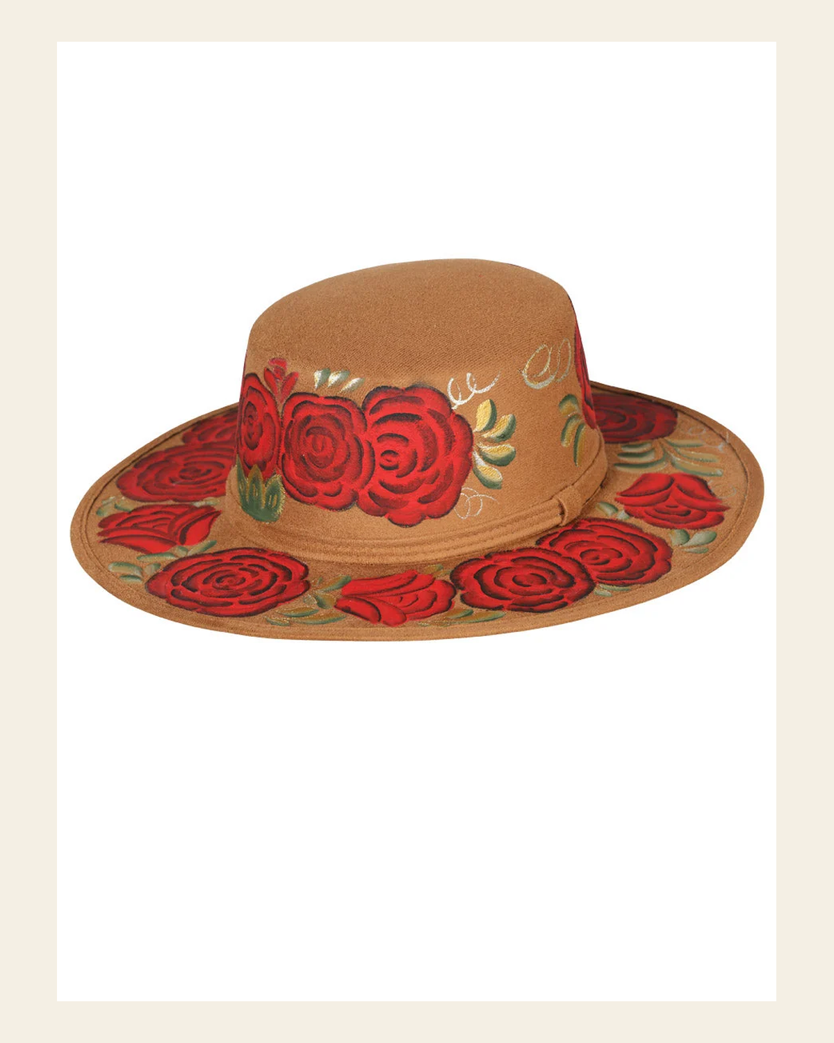 Artisanal Mexican Hand-Painted Hat Suede Black 603721 on a warm cream background