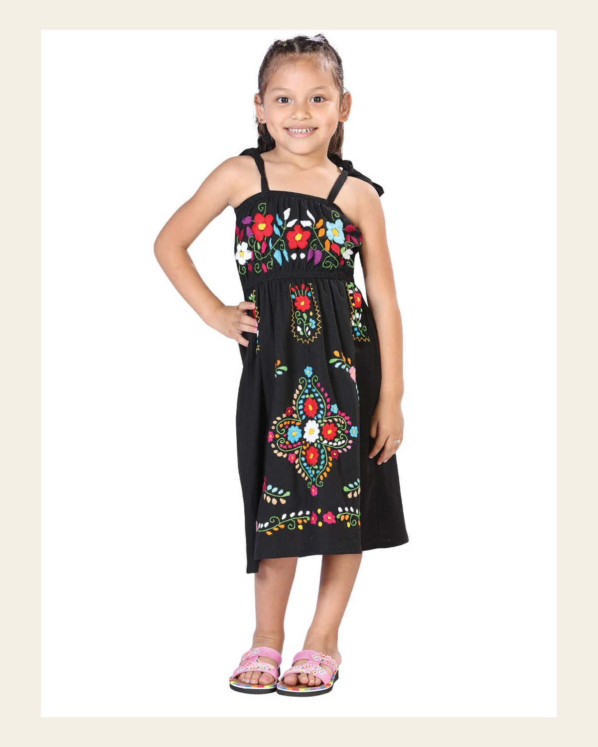 Artisanal Embroidered Dress 100% Cotton Black 603077 on a warm cream background
