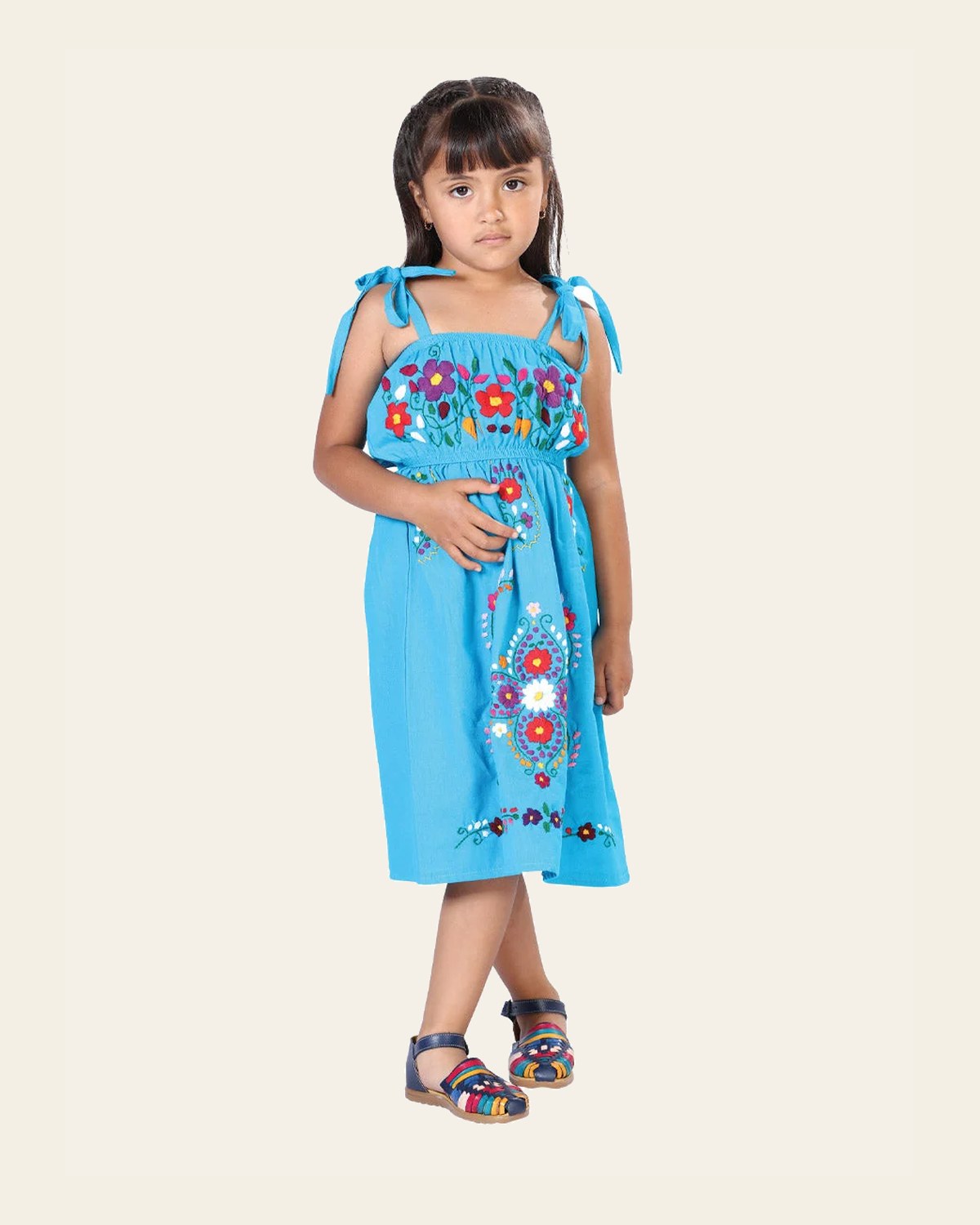 Artisanal Embroidered Dress 100% Cotton Blue 603079 on a warm cream background