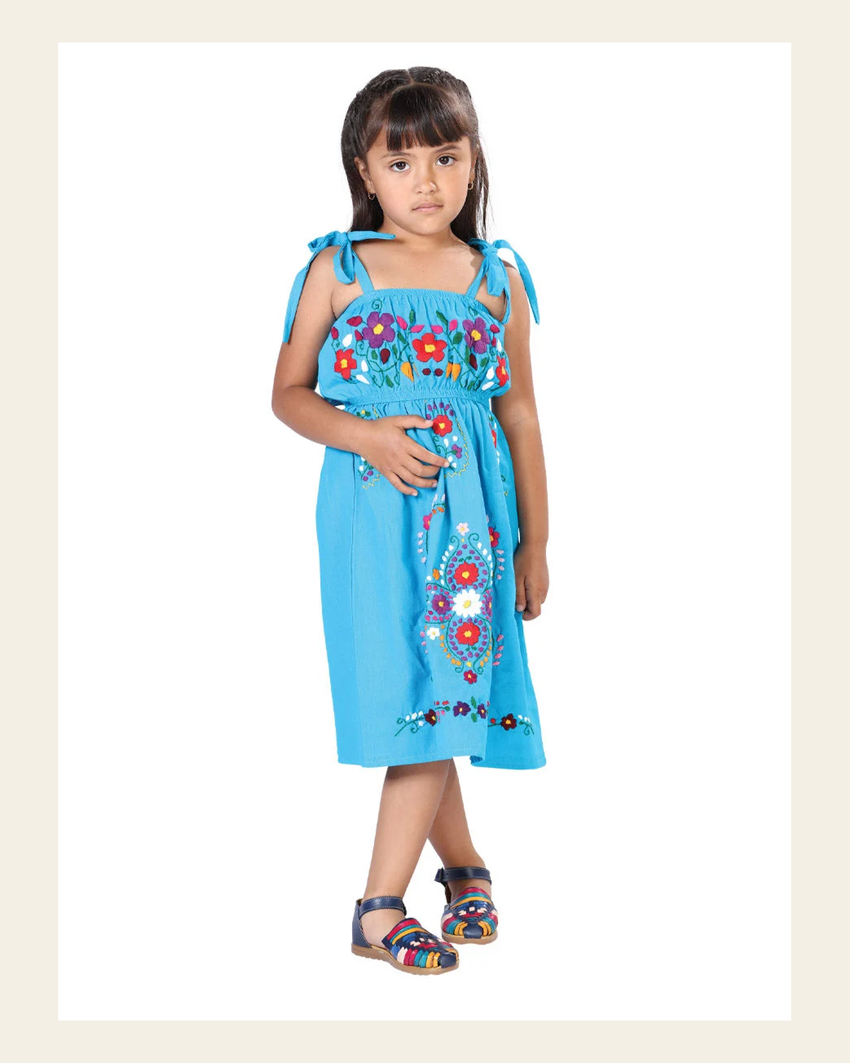 Artisanal Embroidered Dress 100% Cotton Blue 603079 on a warm cream background