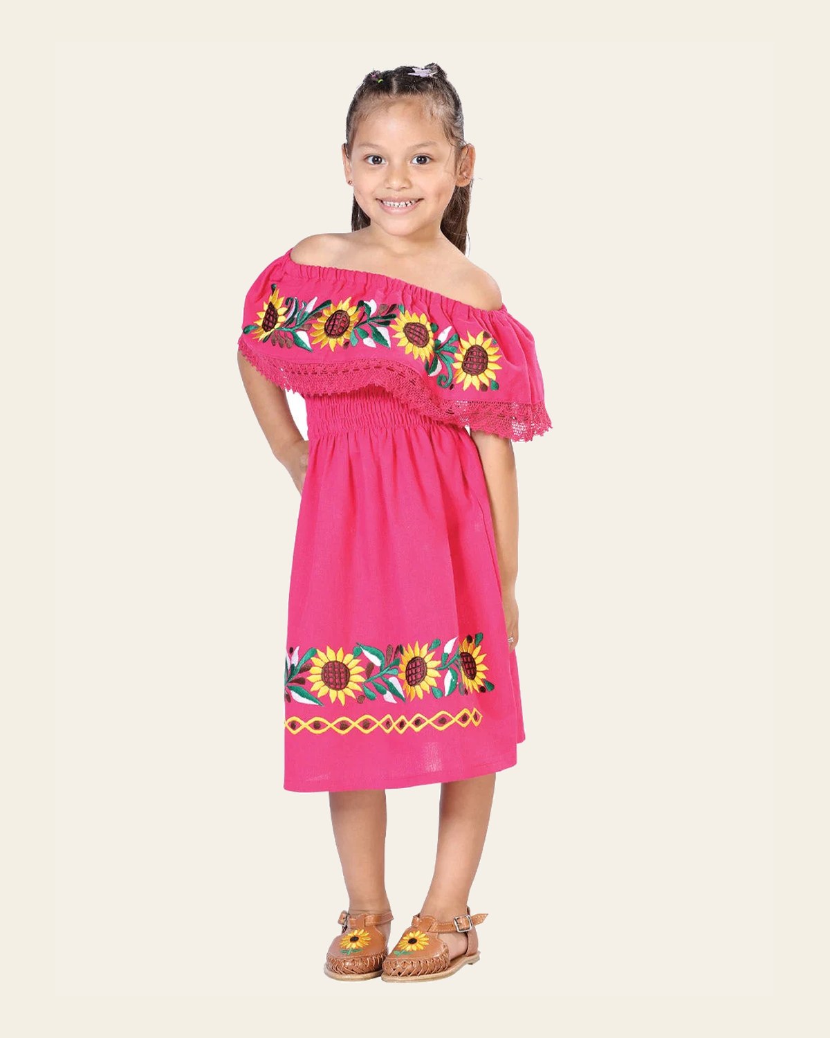 Artisanal Embroidered Dress 100% Cotton Fuchsia 603084 on a warm cream background