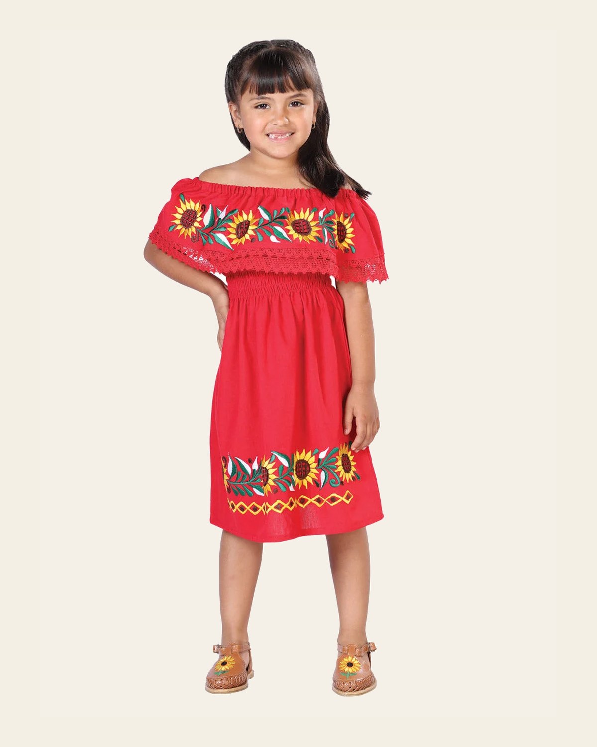 Artisanal Embroidered Dress 100% Cotton Red 603086 on a warm cream background