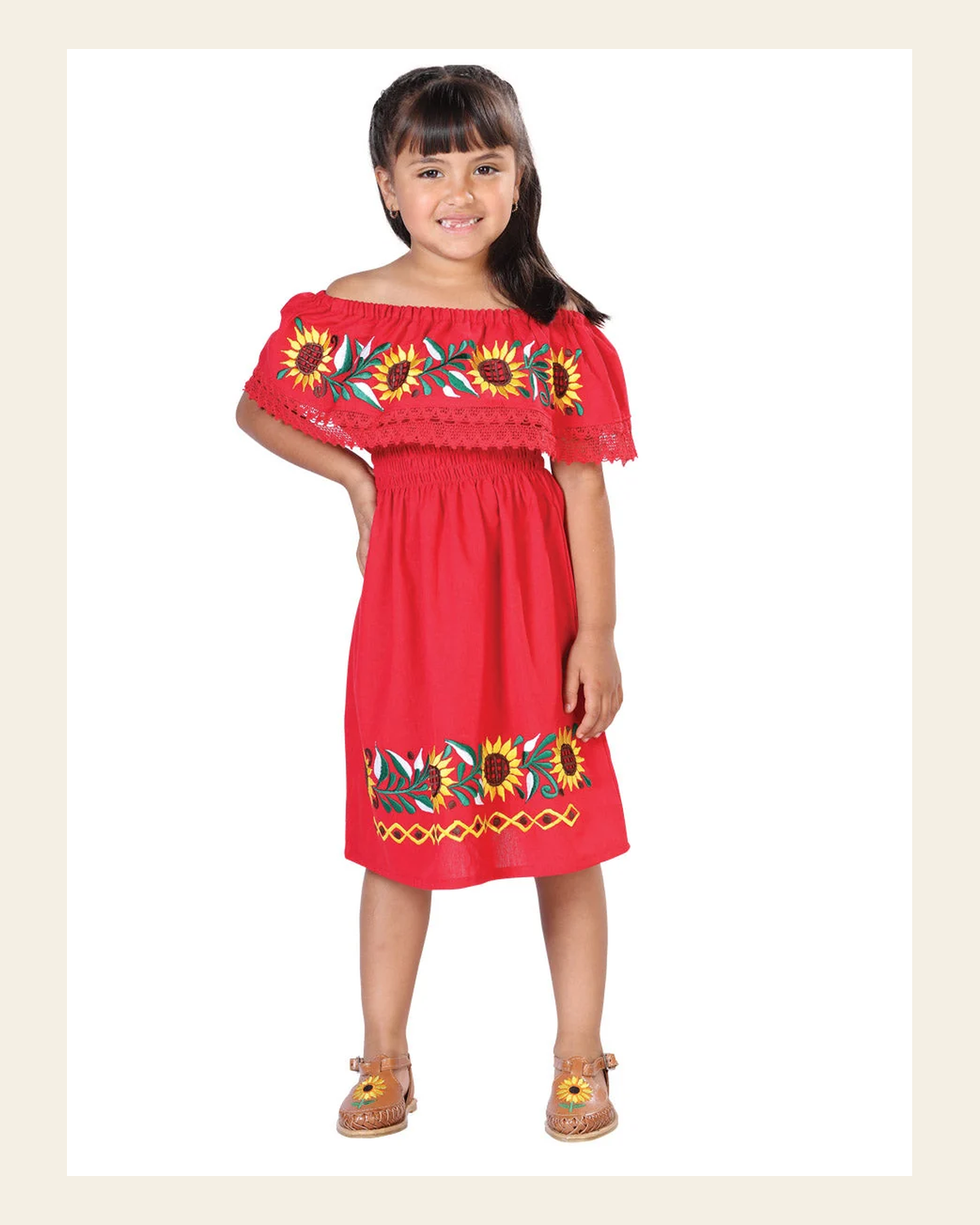 Artisanal Embroidered Dress 100% Cotton Red 603086 on a warm cream background