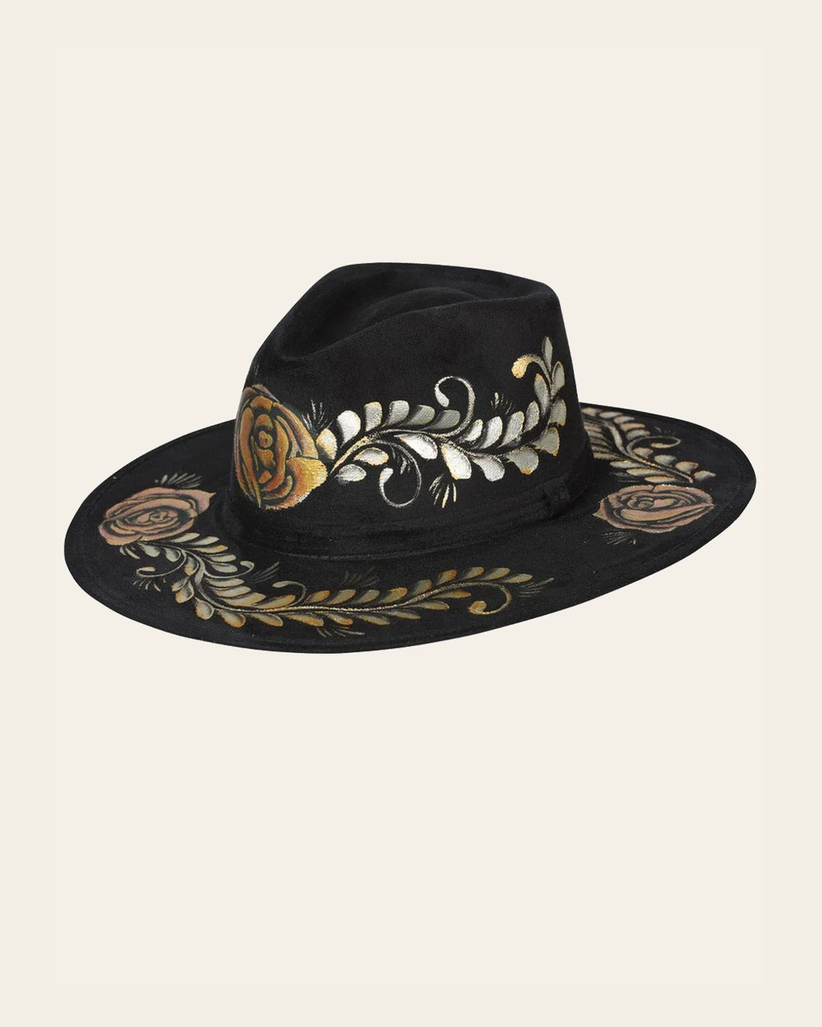 Artisanal Mexican Hand-Painted Hat Suede Black 603737 on a warm cream background