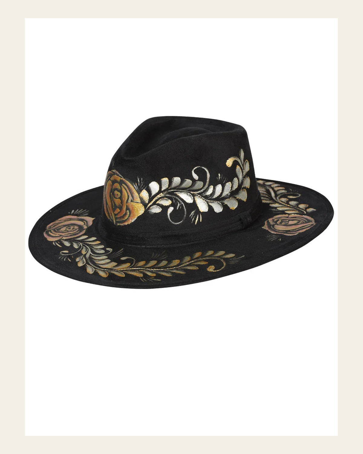 Artisanal Mexican Hand-Painted Hat Suede Black 603737 on a warm cream background