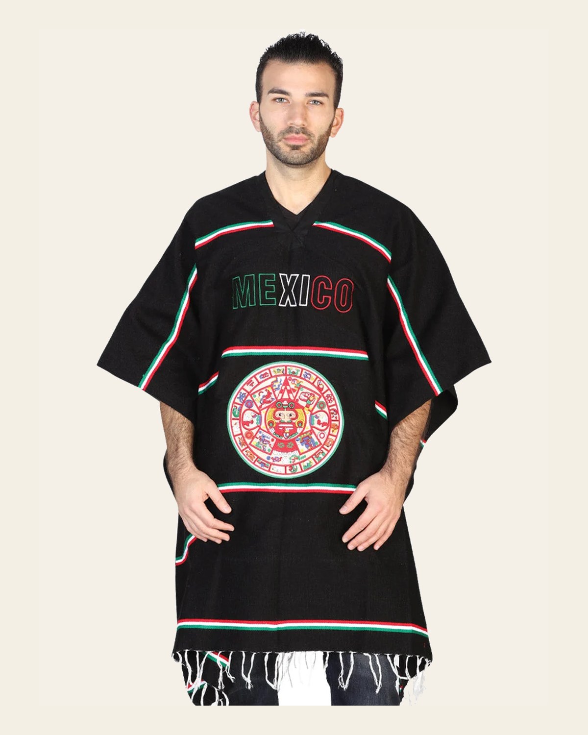 Artisanal Mexican Poncho 100% Acrylan Black 602562 on a warm cream background