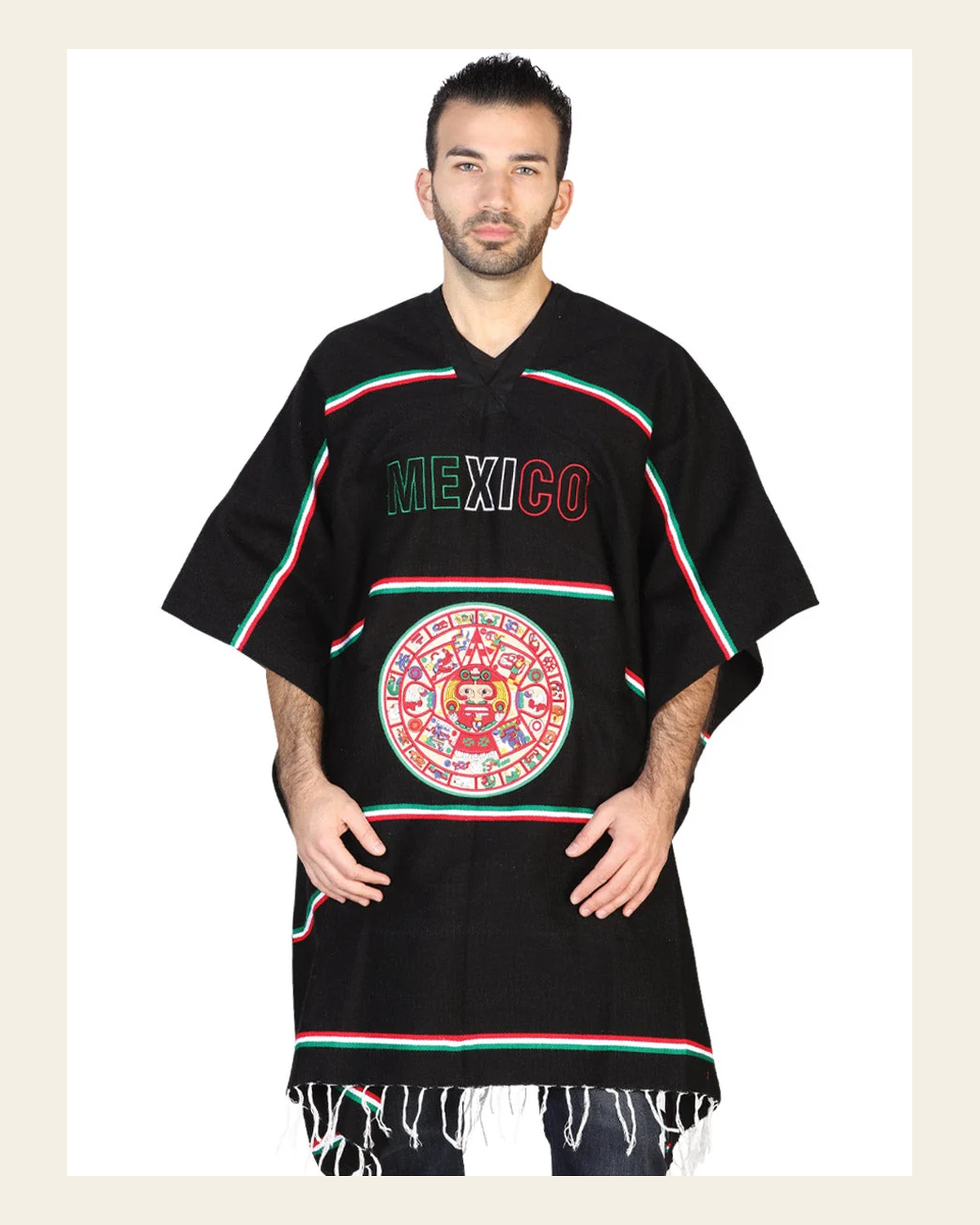 Artisanal Mexican Poncho 100% Acrylan Black 602562 on a warm cream background