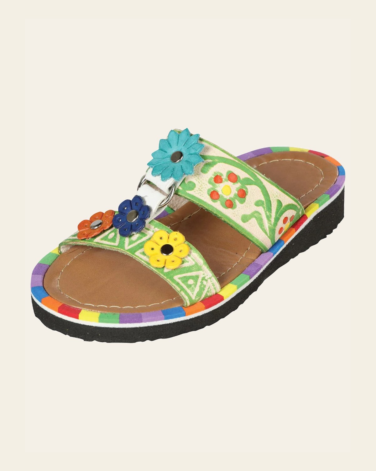 Artisanal Mexican Sandals Leather Multicolor 603384 on a warm cream background