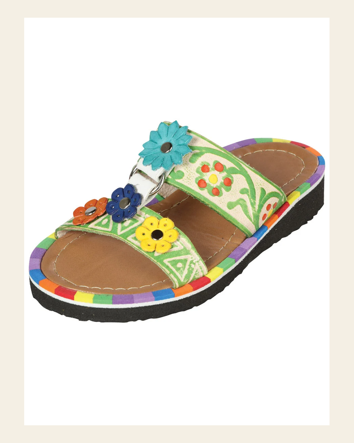 Artisanal Mexican Sandals Leather Multicolor 603384 on a warm cream background