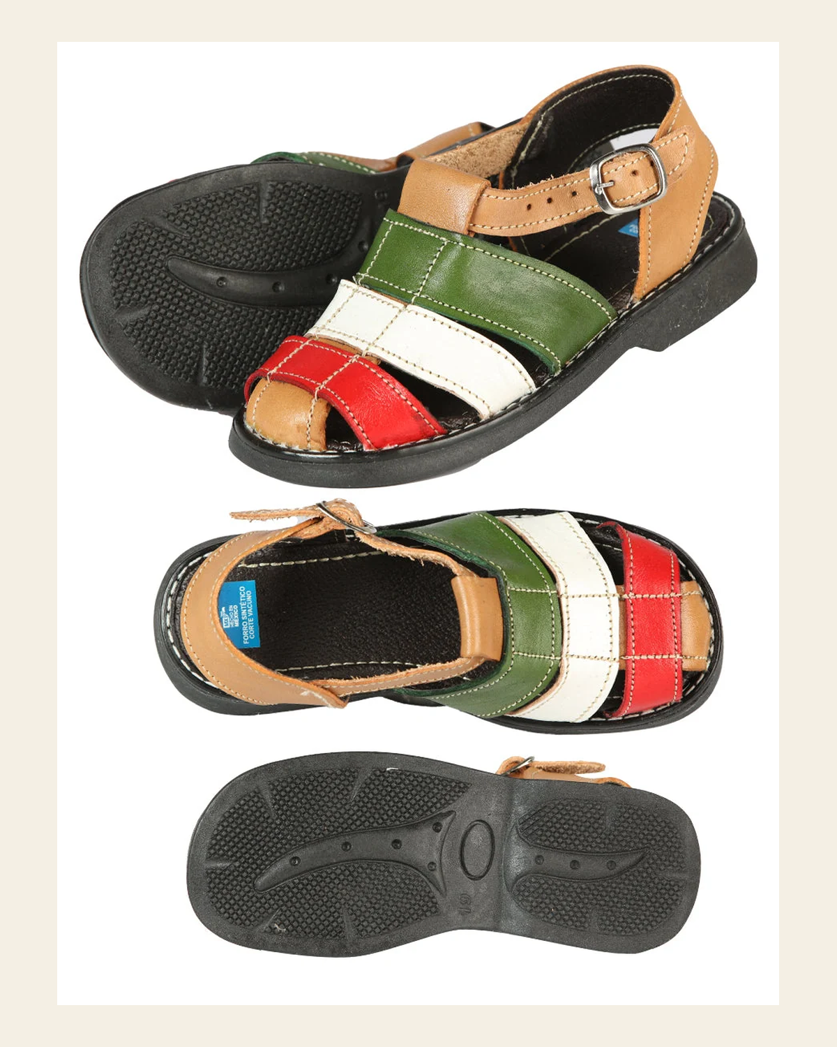 Artisanal Mexican Sandals Leather Tricolor 603944 on a warm cream background