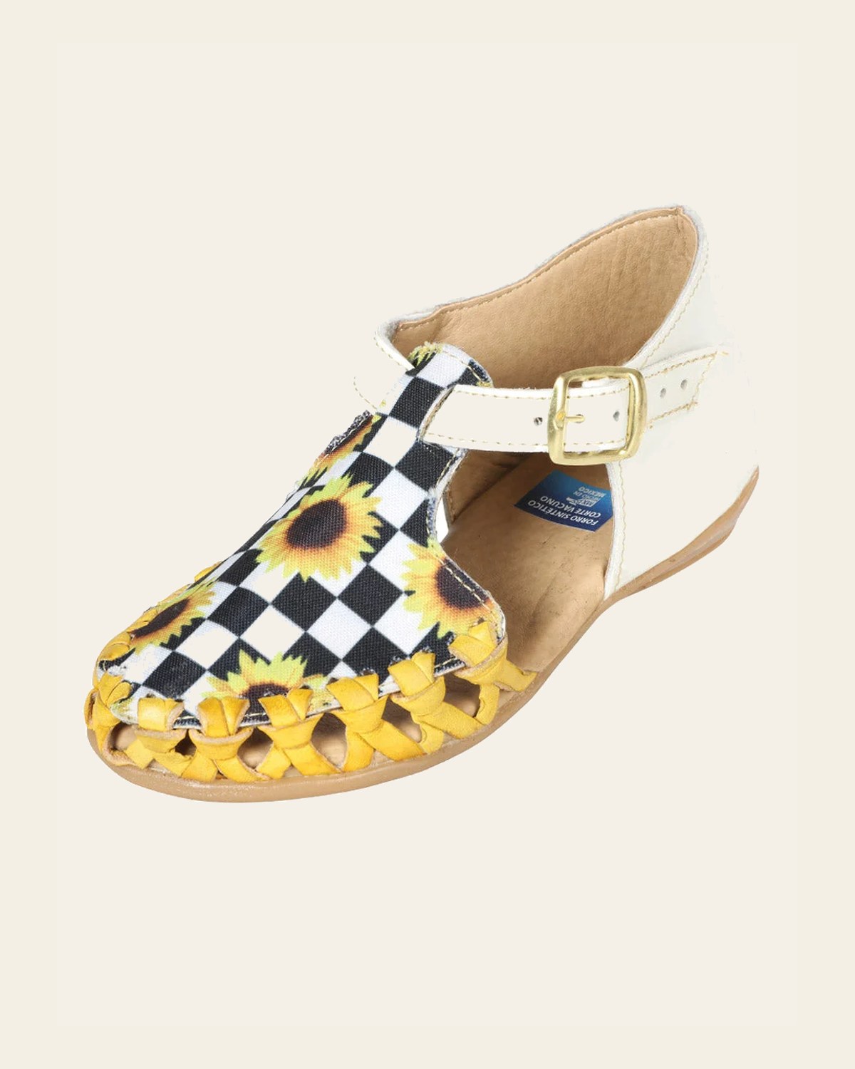 Artisanal Mexican Sandals Leather White/Yellow 603281 on a warm cream background