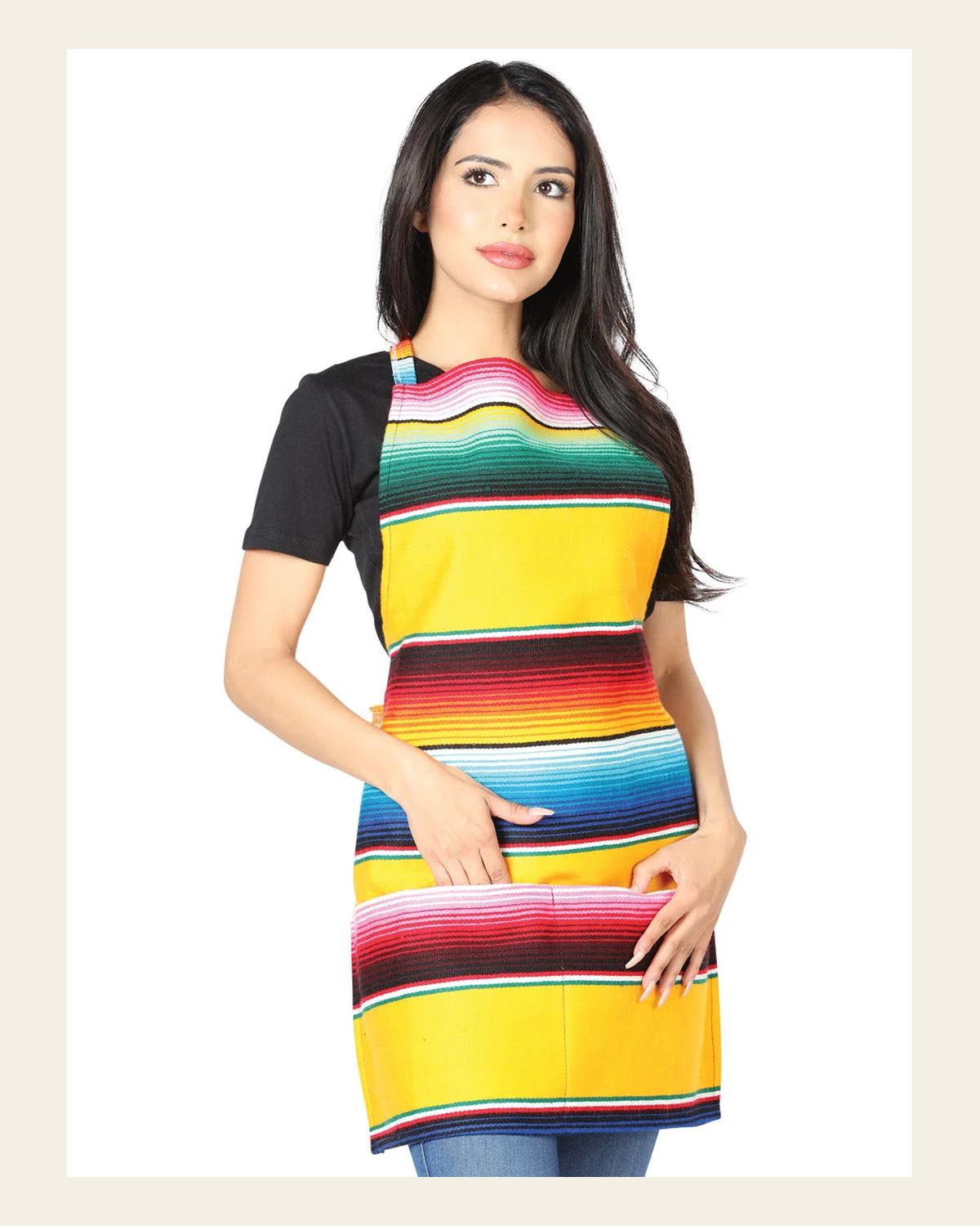 Artisanal Mexican Zarape Apron 100% Acrylan Yellow 603580 on a warm cream background