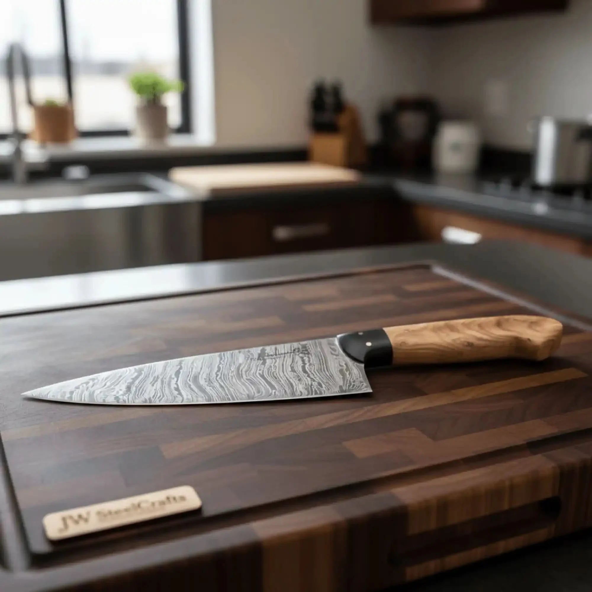 13-Inch Fire Pattern Damascus Chef Knife — Olive Wood Handle, Brass Pins & Dark Bolster | JW Steel Crafts