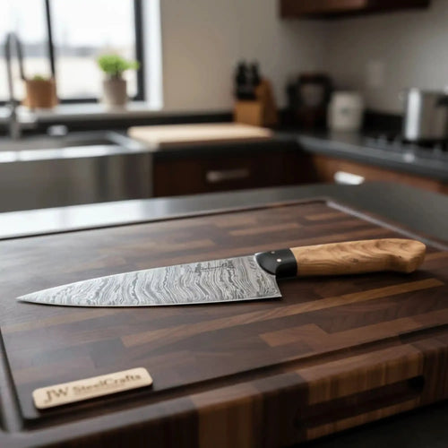 13-Inch Fire Pattern Damascus Chef Knife — Olive Wood Handle, Brass Pins & Dark Bolster | JW Steel Crafts