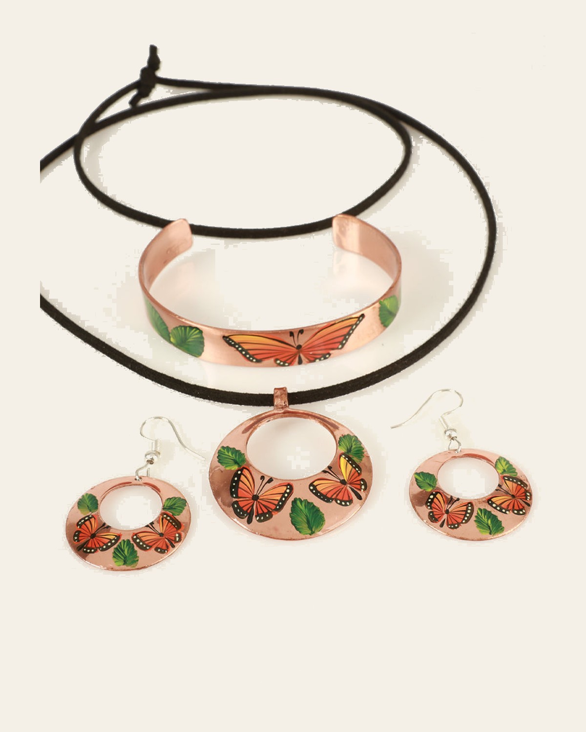 Artisanal Hand Painted Set Earrings-Necklace-Bracelet Copper 603402 on a warm cream background