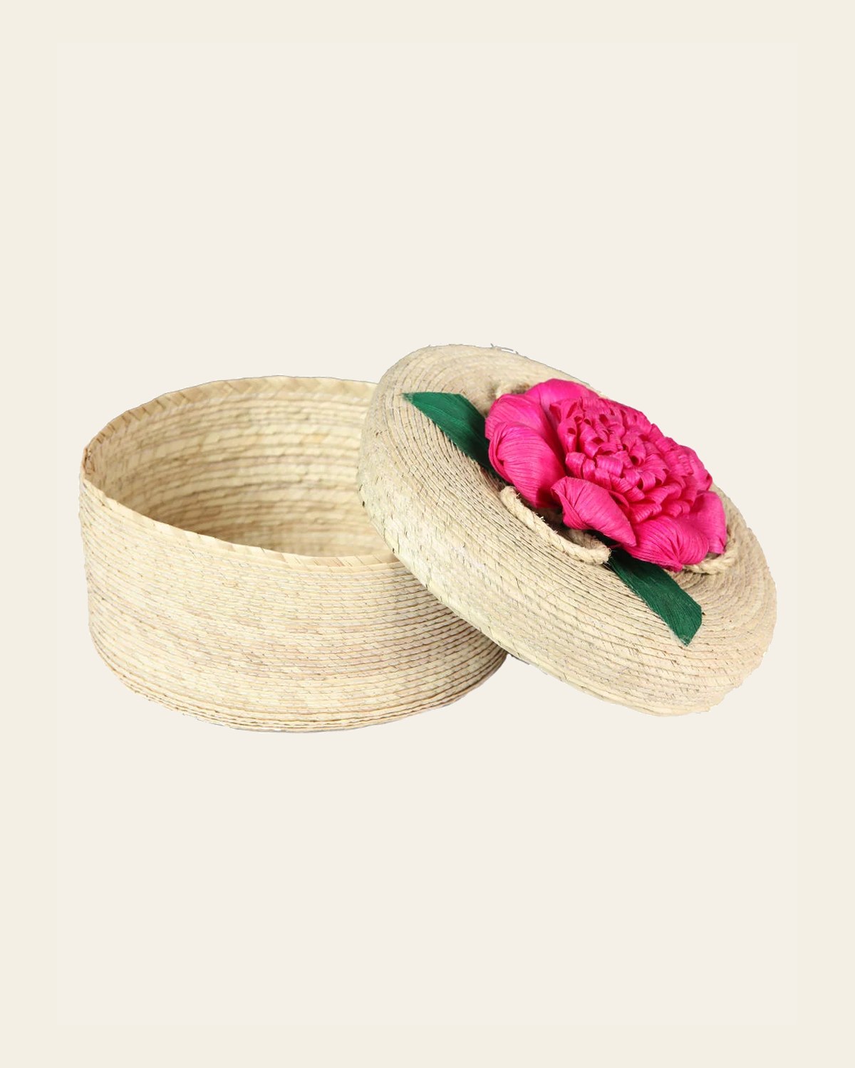 Artisanal Tortilla Warmer 100% Palm Leaf Fuchsia Flower 604111 on a warm cream background