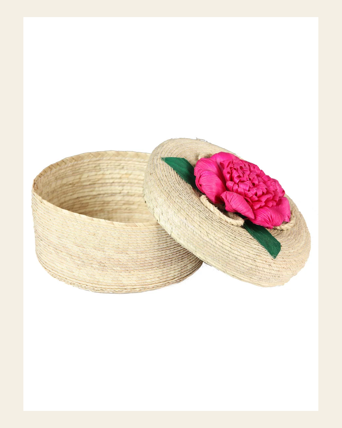 Artisanal Tortilla Warmer 100% Palm Leaf Fuchsia Flower 604111 on a warm cream background