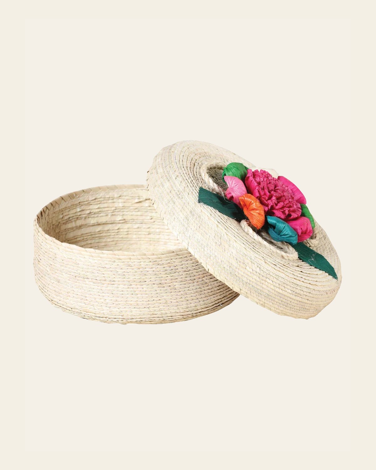 Artisanal Tortilla Warmer 100% Palm Leaf Multicolor Flower 602135 on a warm cream background