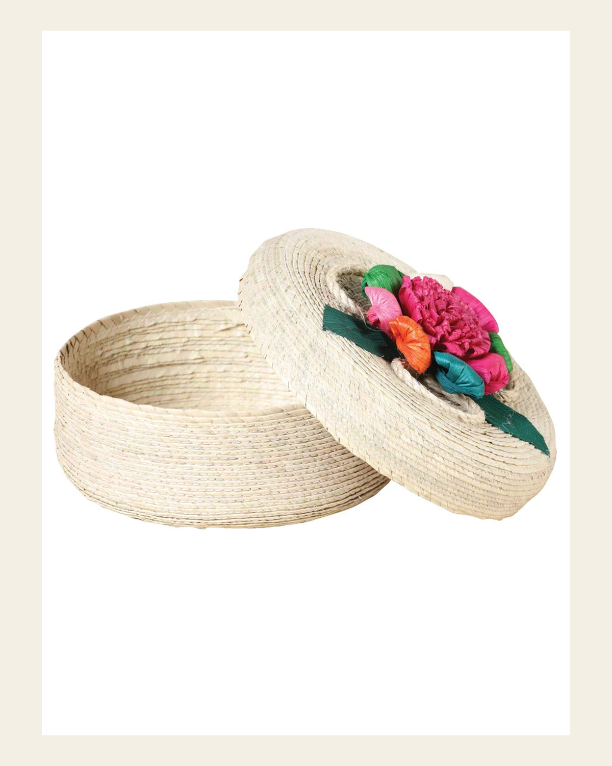 Artisanal Tortilla Warmer 100% Palm Leaf Multicolor Flower 602135 on a warm cream background