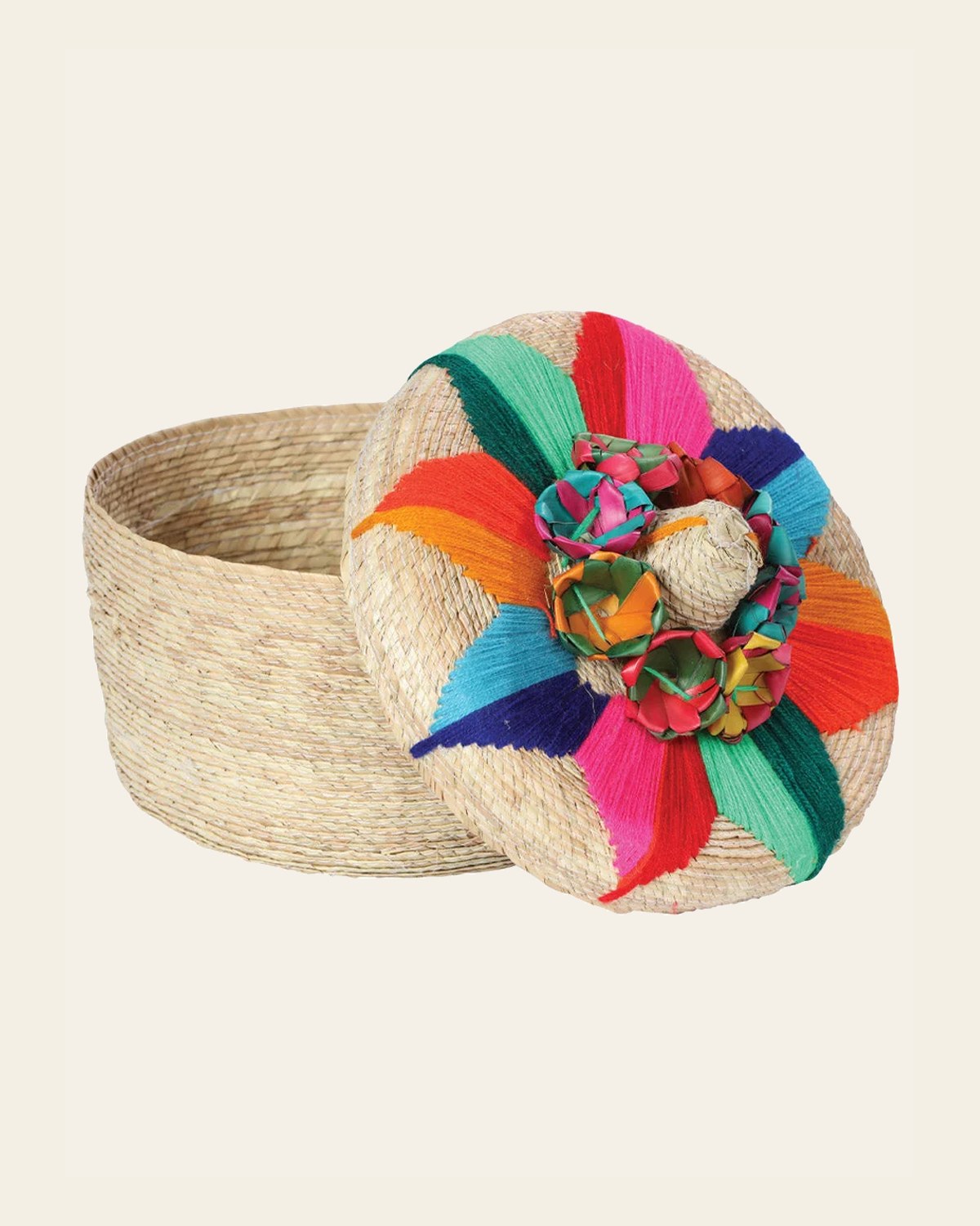 Artisanal Tortilla Warmer 100% Palm Leaf Multicolor Flower 602927 on a warm cream background