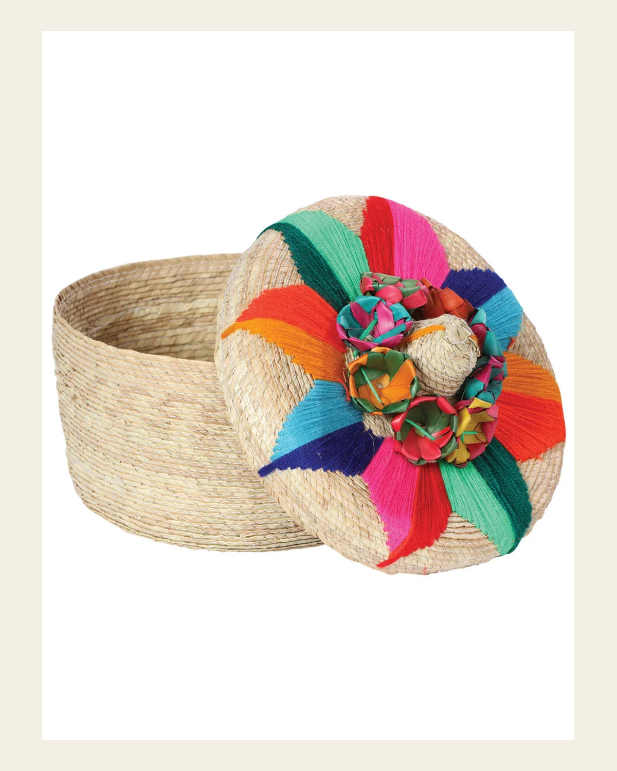 Artisanal Tortilla Warmer 100% Palm Leaf Multicolor Flower 602927 on a warm cream background