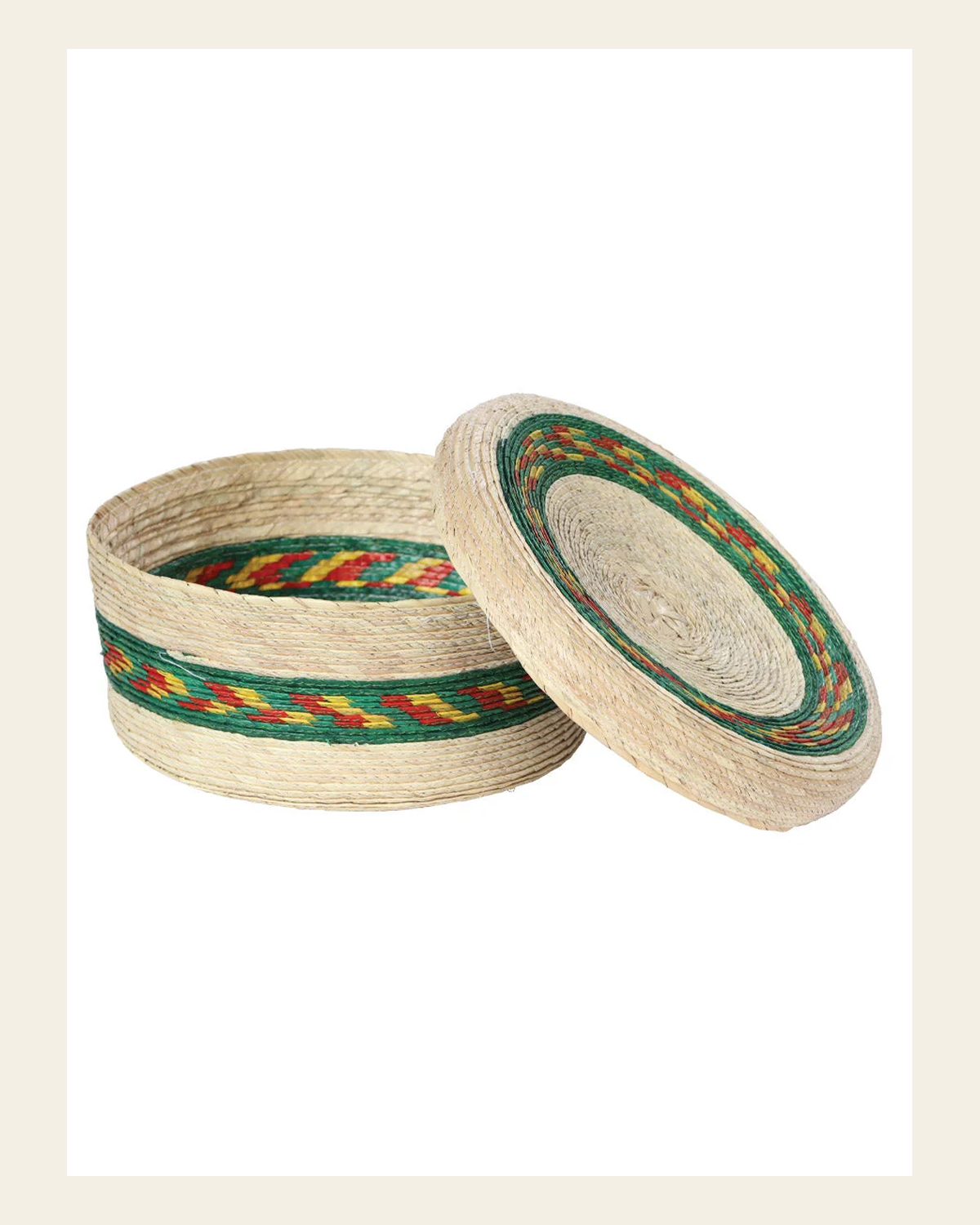 Artisanal Tortilla Warmer 100% Palm Leaf Natural/Green 602931 on a warm cream background