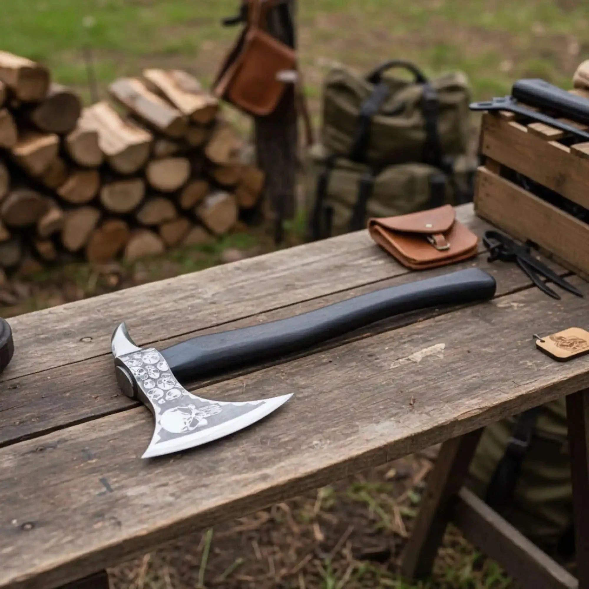 Hand-finished Bearded Axe – Detailed Etched Steel Head with Minimalist Black Handle