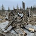 Handcrafted Viking Shield and Engraved Axe Set with Raven Motif and Norse Knotwork