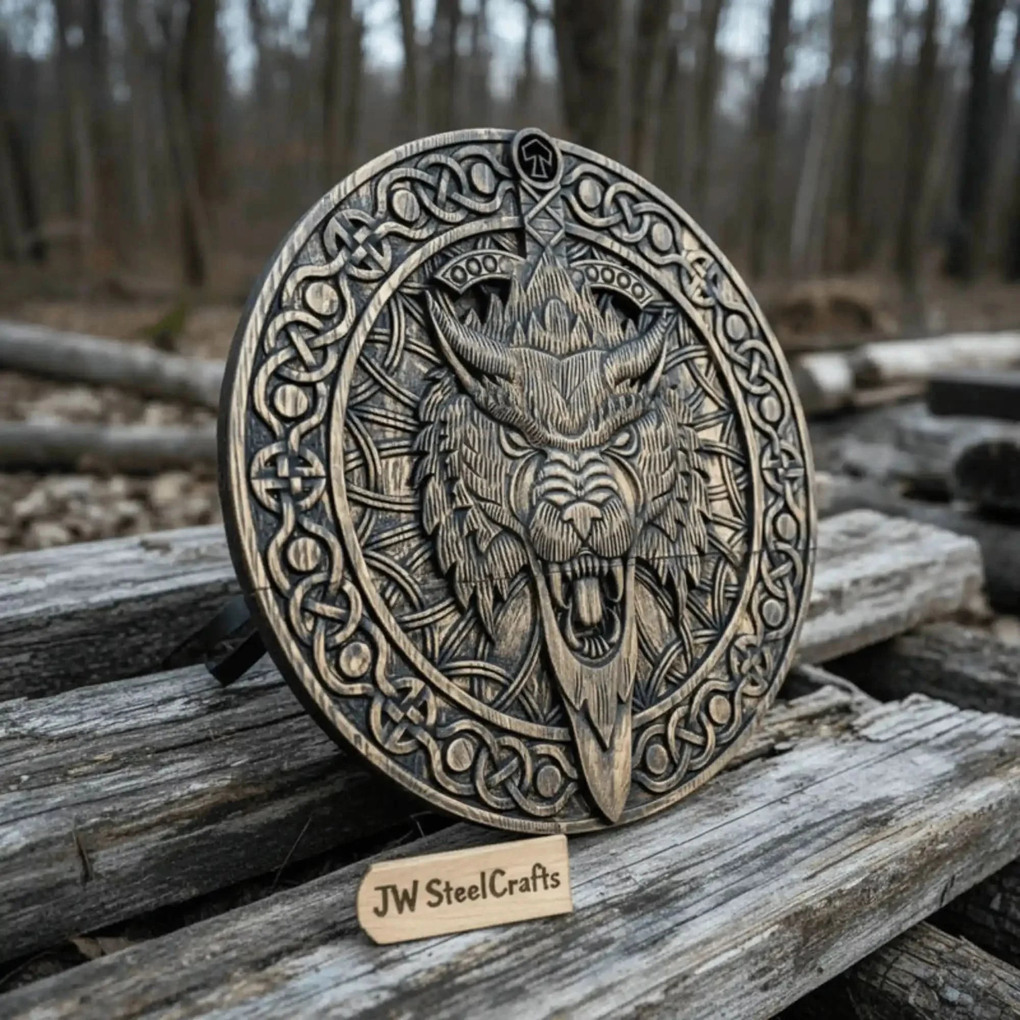 Handcrafted Viking Shield and Engraved Axe Set with Raven Motif and Norse Knotwork