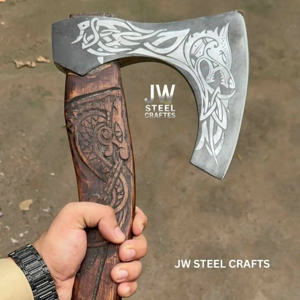 Hand-Engraved Viking Bearded Axe with Carved Hardwood Handle – Damascus Steel Blade | JW SteelCrafts